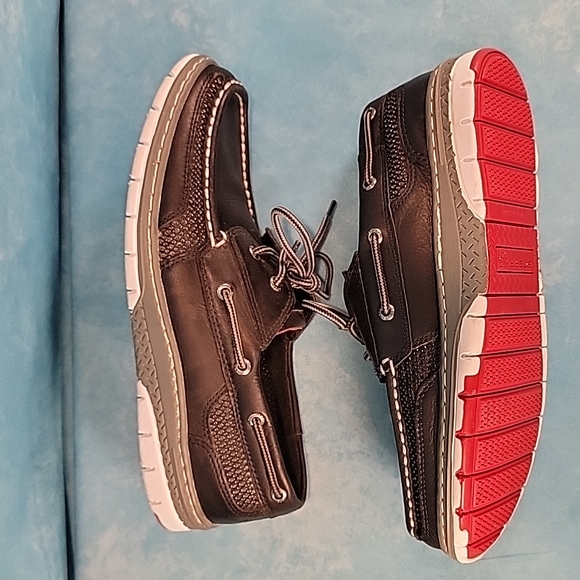 ❤Men's Sperry Top Siders, Black Leather w/ Tri-Color Soles & Memory Foam Insoles - Picture 5 of 13